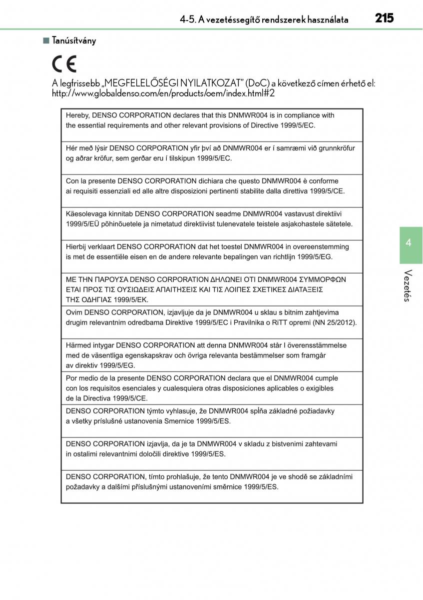 Lexus CT200h Kezelesi utmutato / page 215