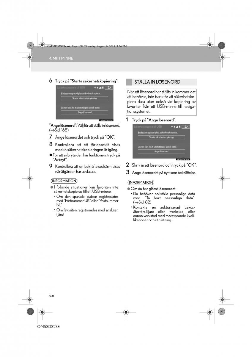 Lexus IS300h III 3 instruktionsbok / page 168