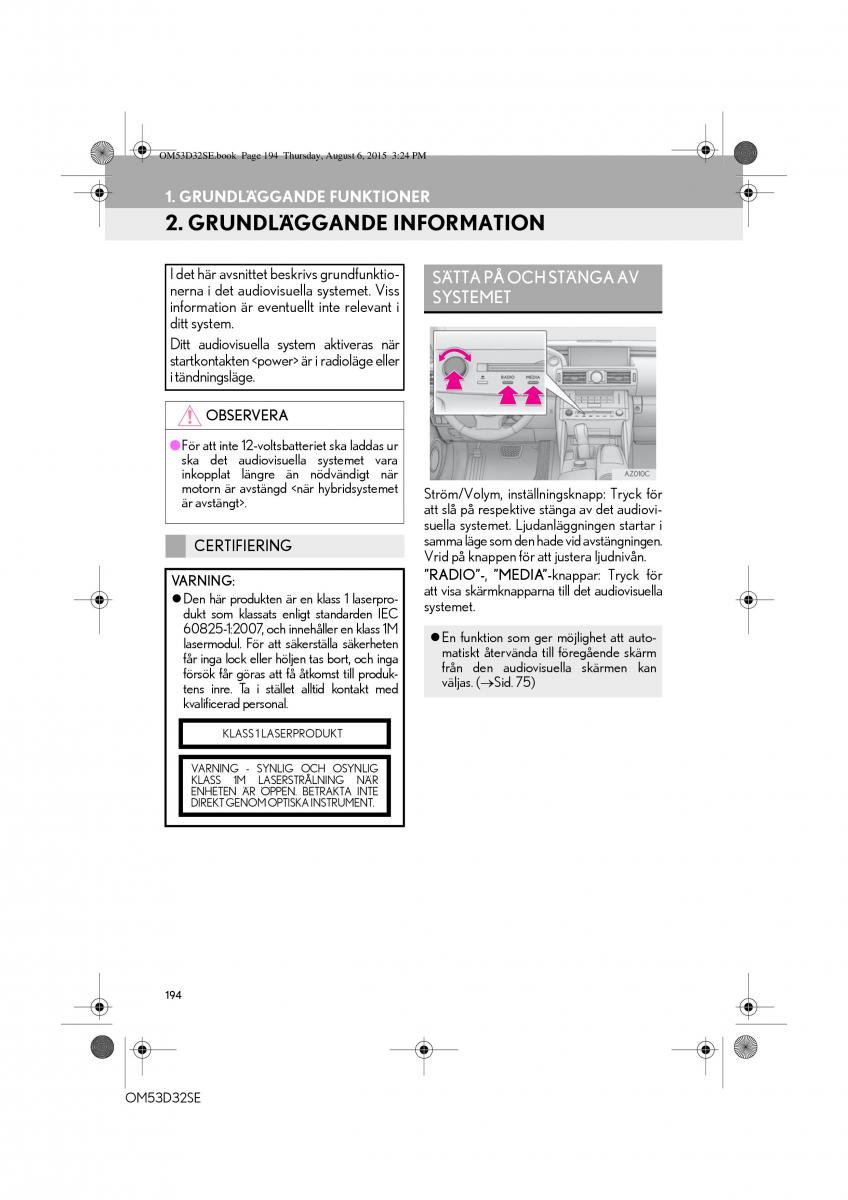 Lexus IS300h III 3 instruktionsbok / page 194