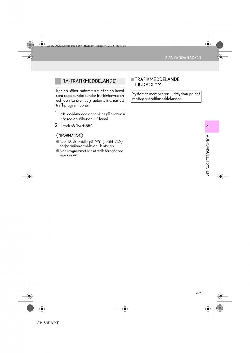 Lexus IS300h III 3 instruktionsbok / page 207