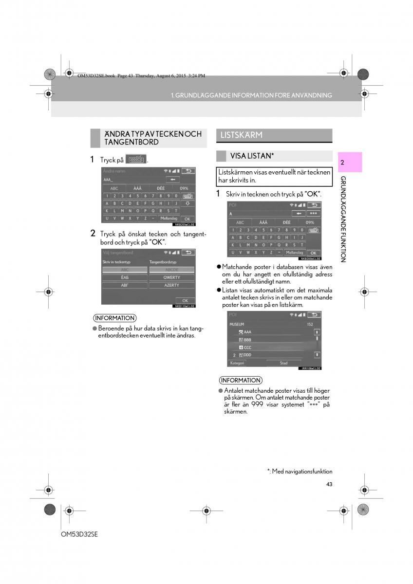 Lexus IS300h III 3 instruktionsbok / page 43