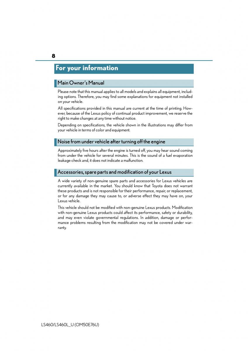 Lexus LS460 IV 4 owners manual / page 8