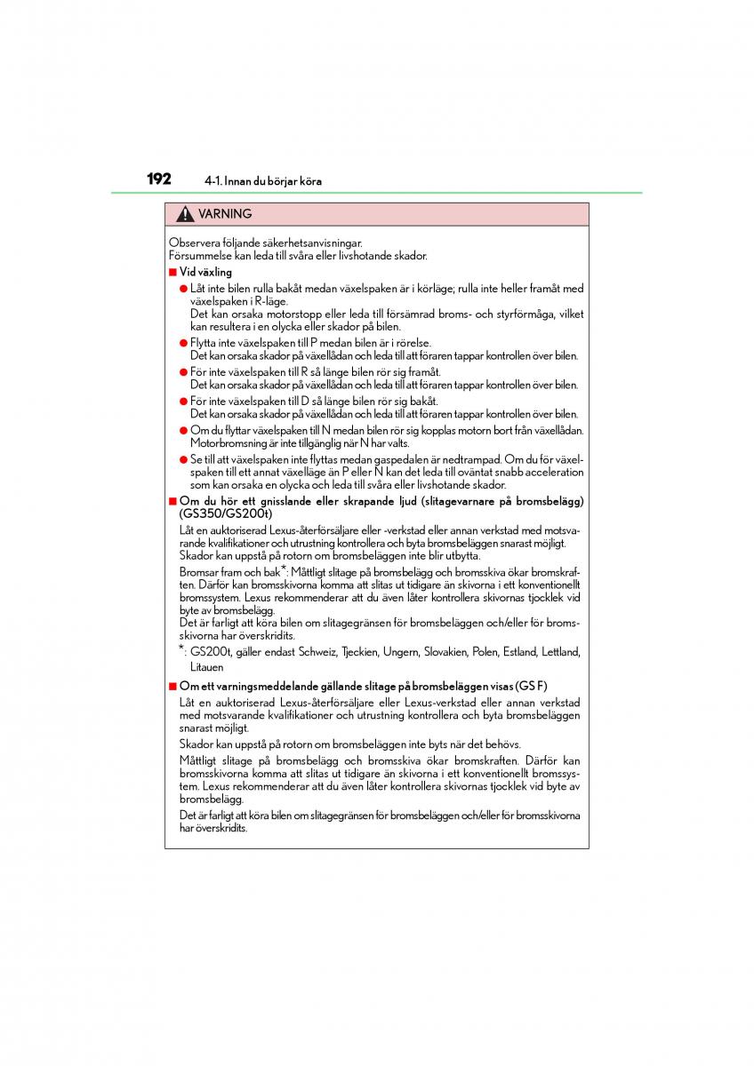 Lexus GS F IV 4 instruktionsbok / page 192