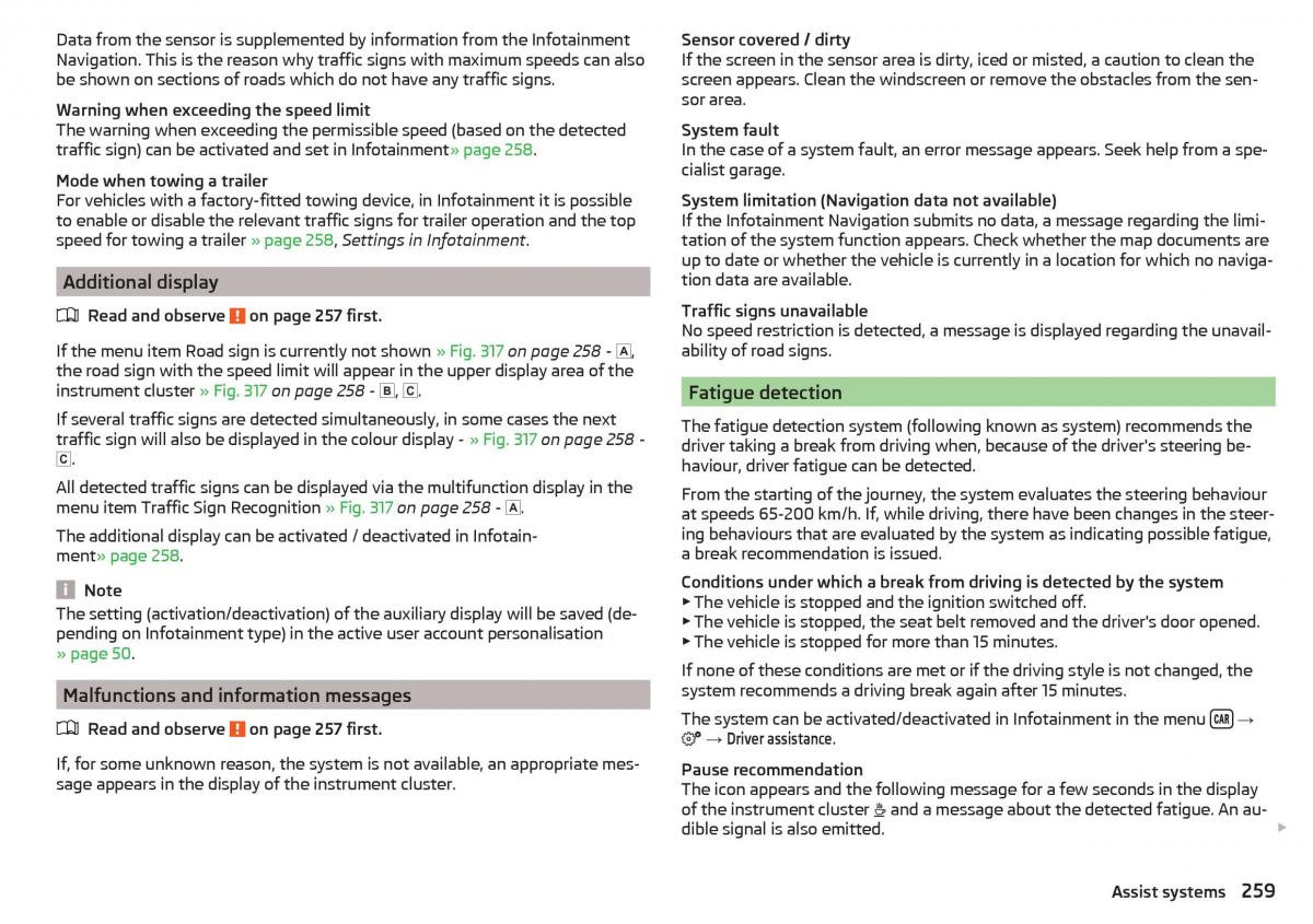 Skoda Kodiaq owners manual / page 261