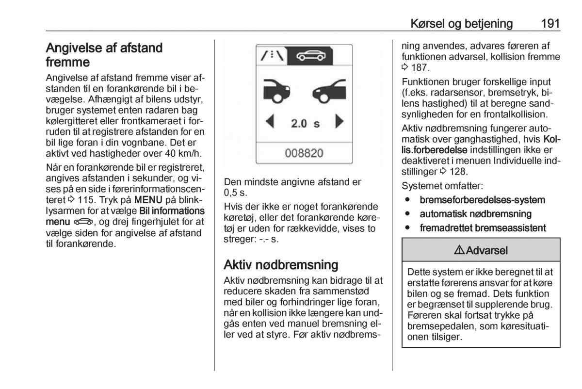 manual  Opel Zafira C Tourer Bilens instruktionsbog / page 193