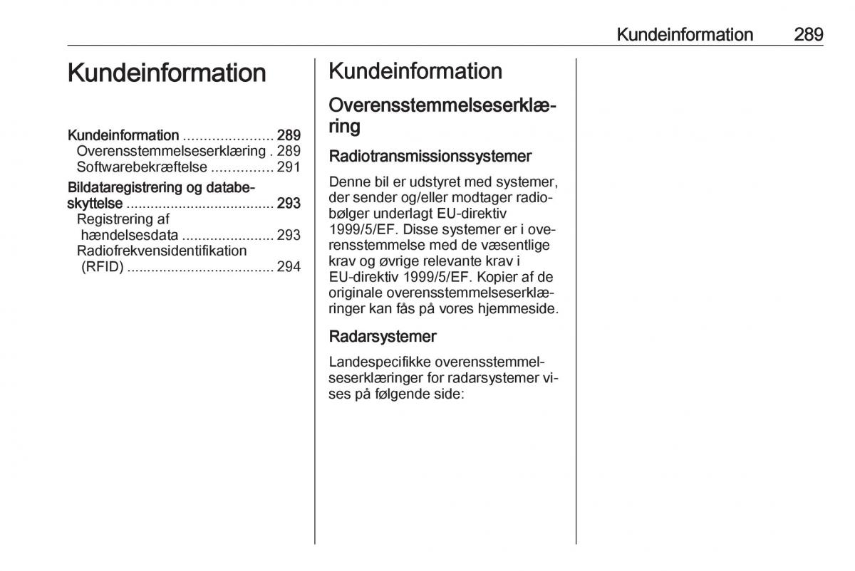 manual  Opel Zafira C Tourer Bilens instruktionsbog / page 291