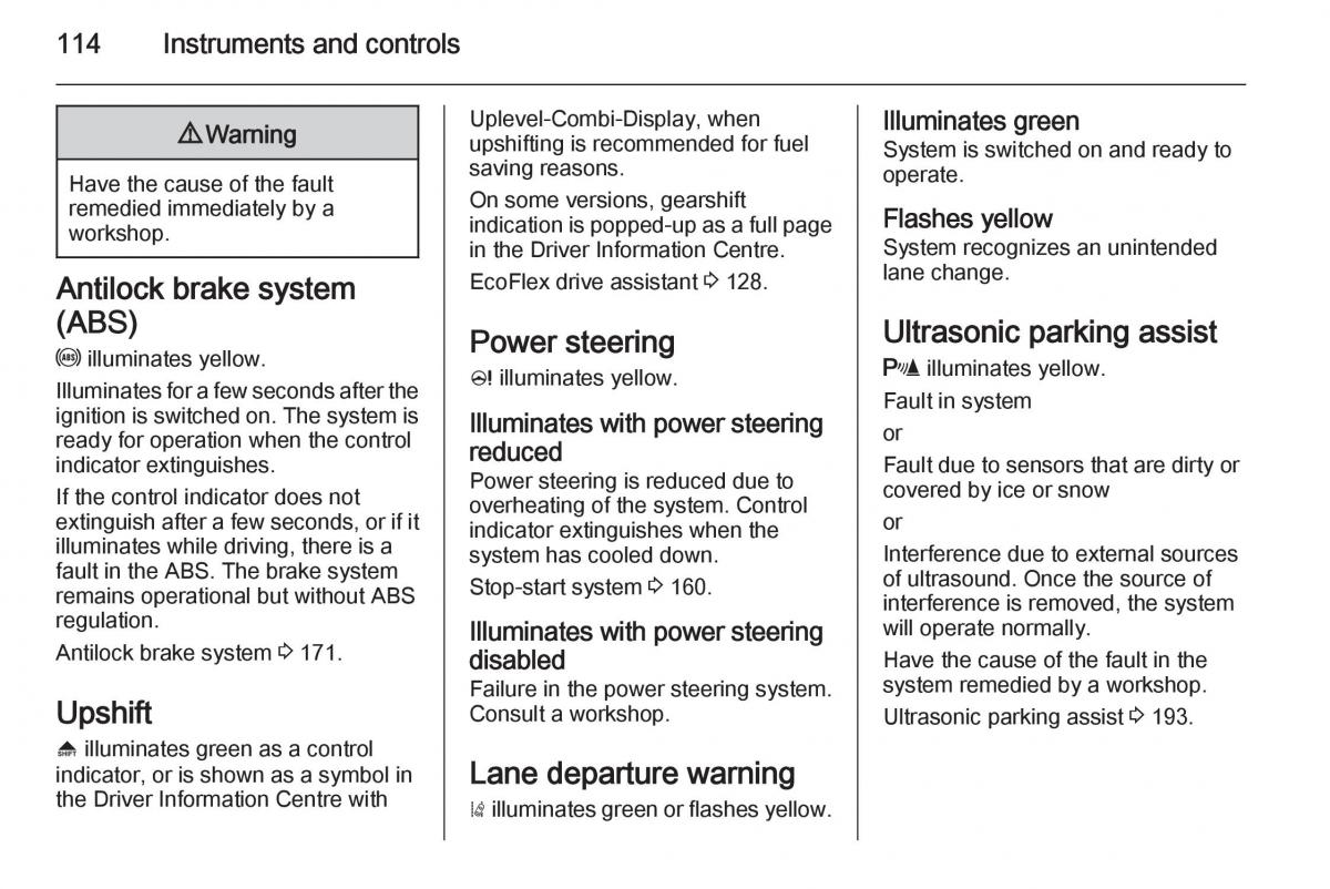 Opel Zafira C Tourer owners manual / page 116