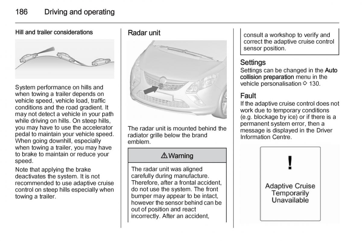 Opel Zafira C Tourer owners manual / page 188