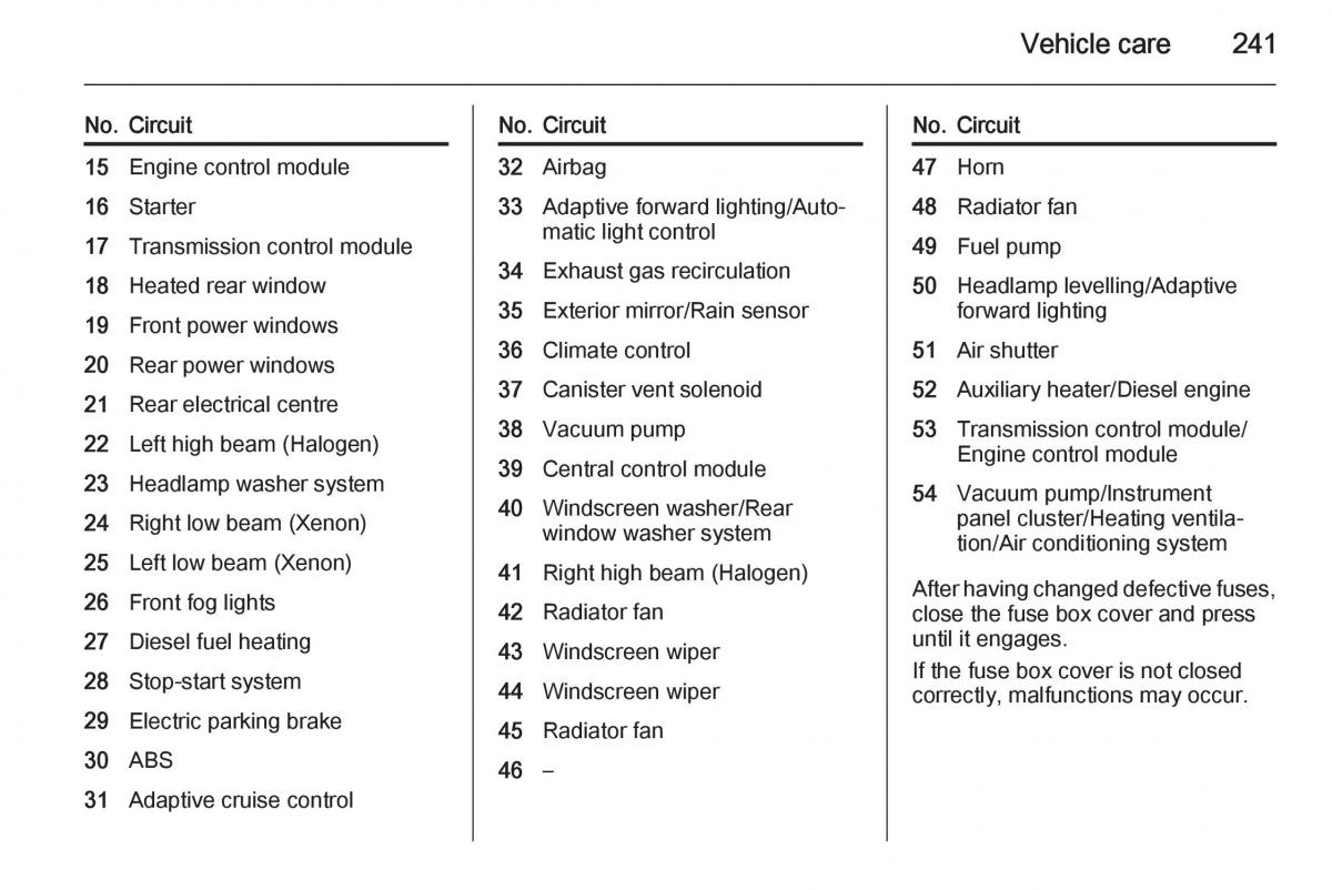 Opel Zafira C Tourer owners manual / page 243