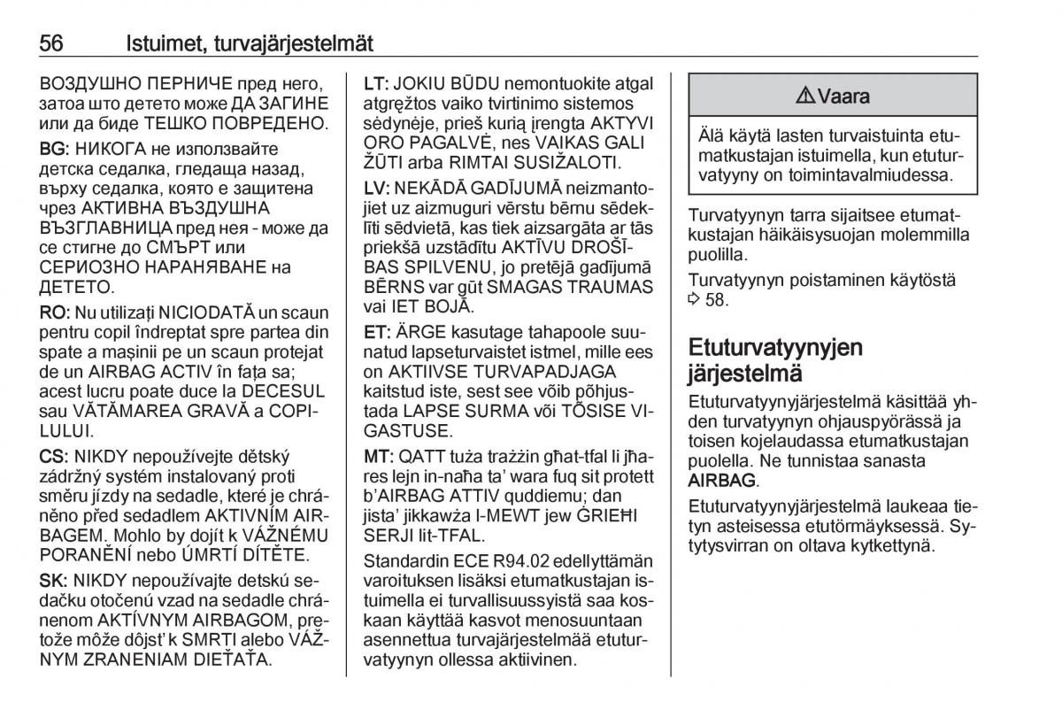 Opel Zafira C Tourer omistajan kasikirja / page 58