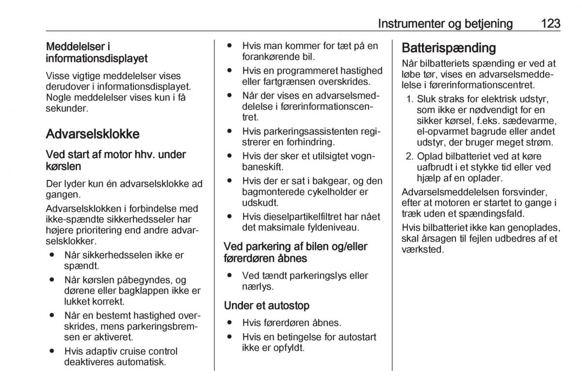 Opel Zafira C FL Bilens instruktionsbog / page 125