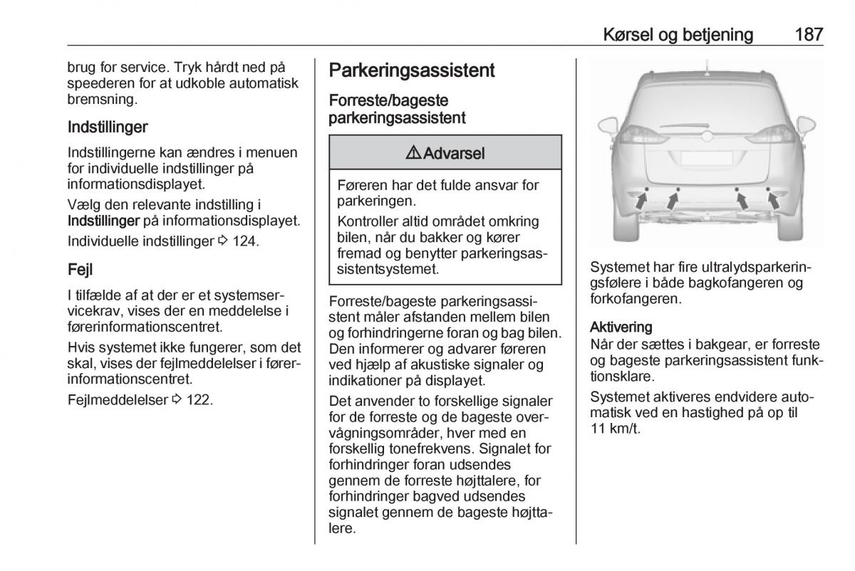 Opel Zafira C FL Bilens instruktionsbog / page 189