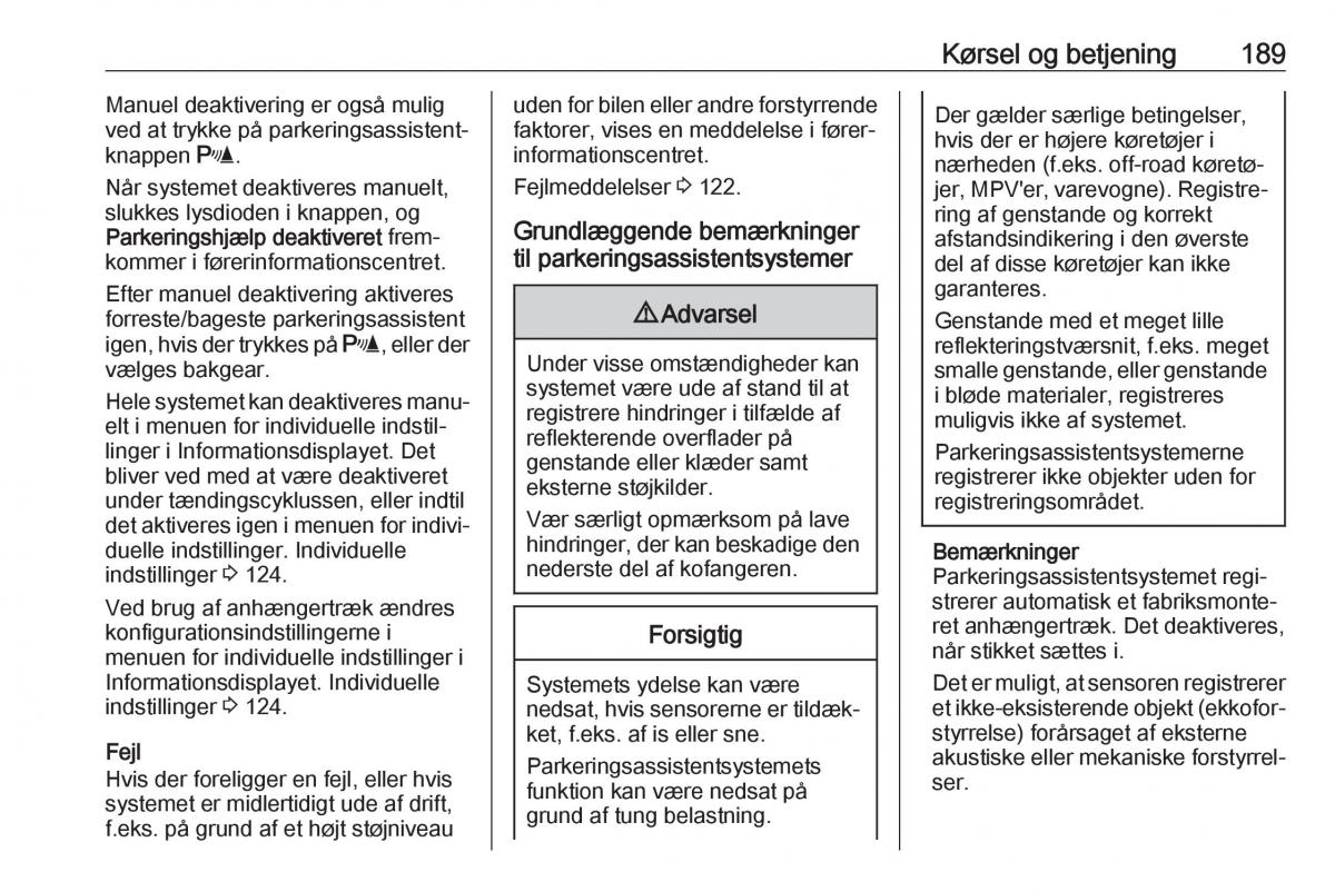 Opel Zafira C FL Bilens instruktionsbog / page 191