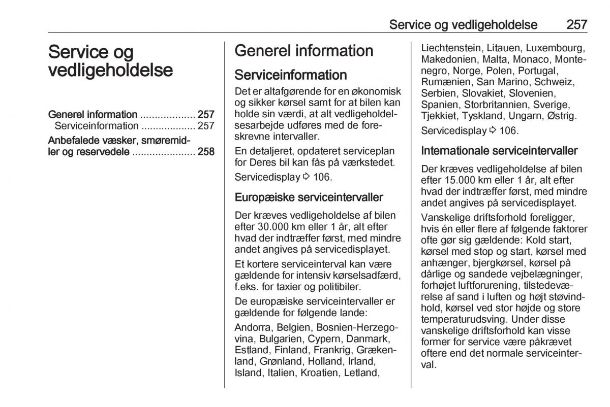 Opel Zafira C FL Bilens instruktionsbog / page 259