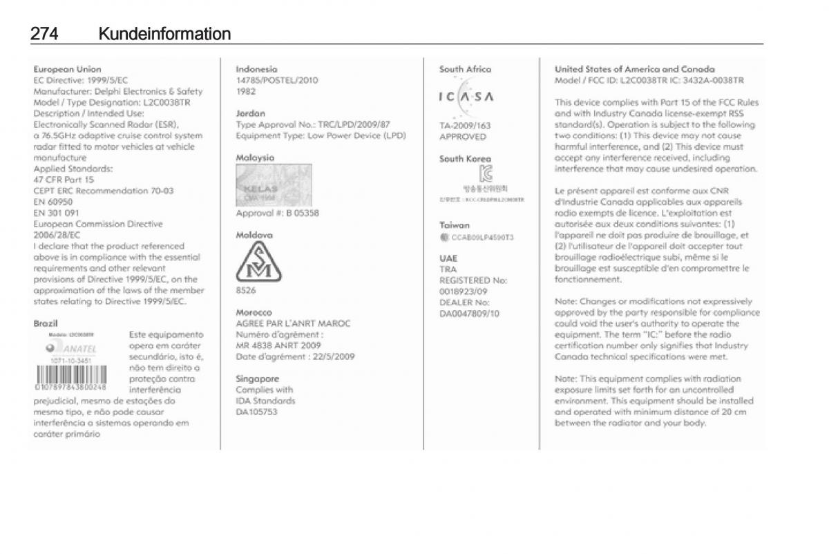 Opel Zafira C FL Bilens instruktionsbog / page 276