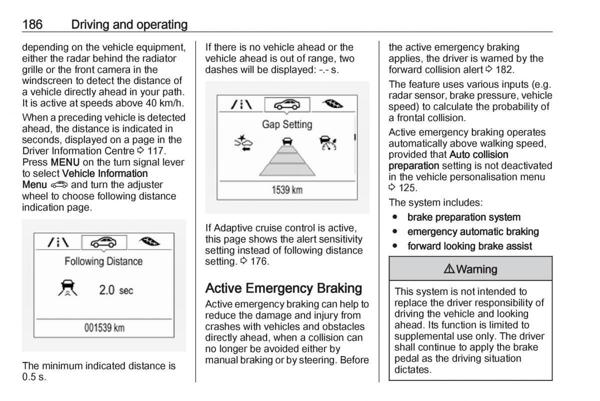 Opel Zafira C FL owners manual / page 188