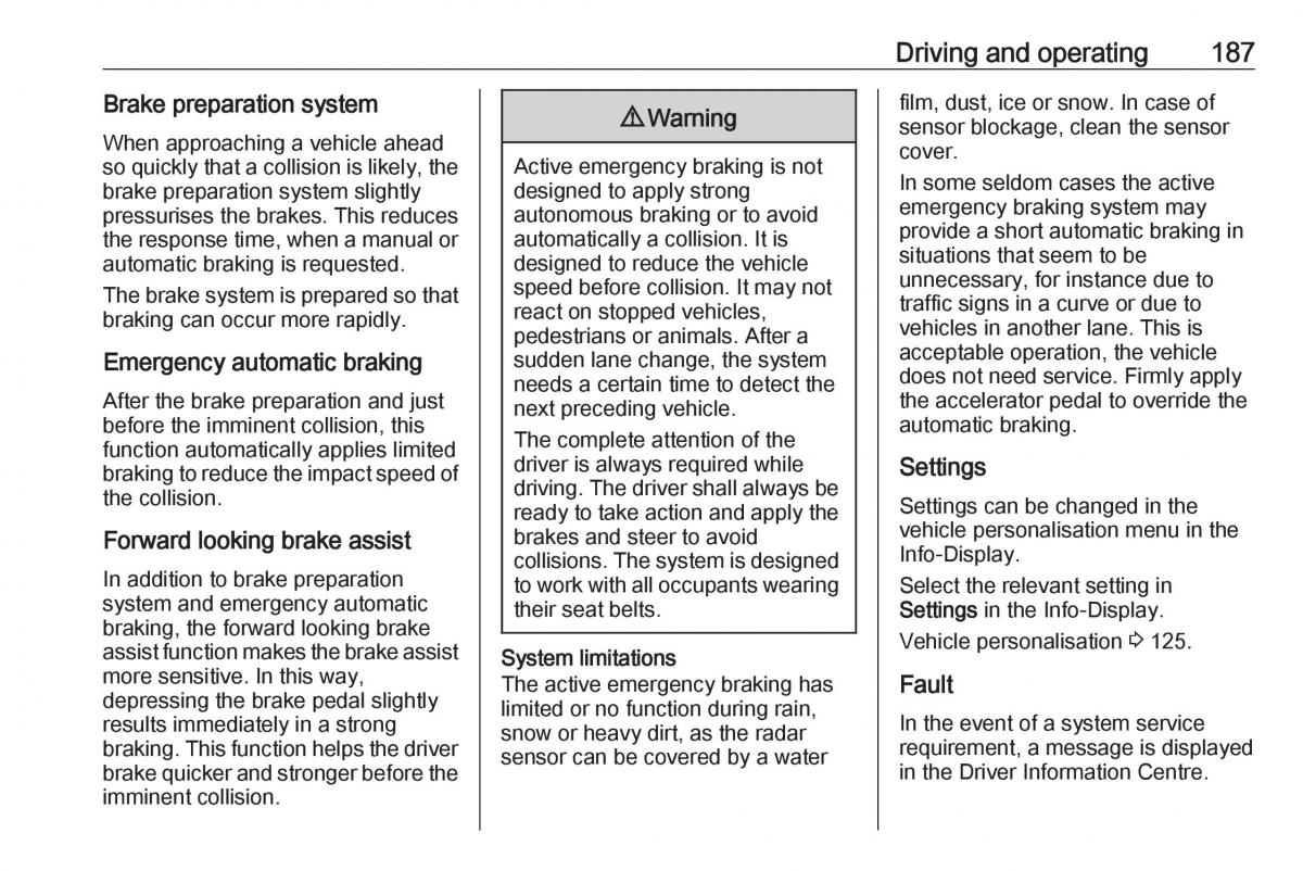 Opel Zafira C FL owners manual / page 189