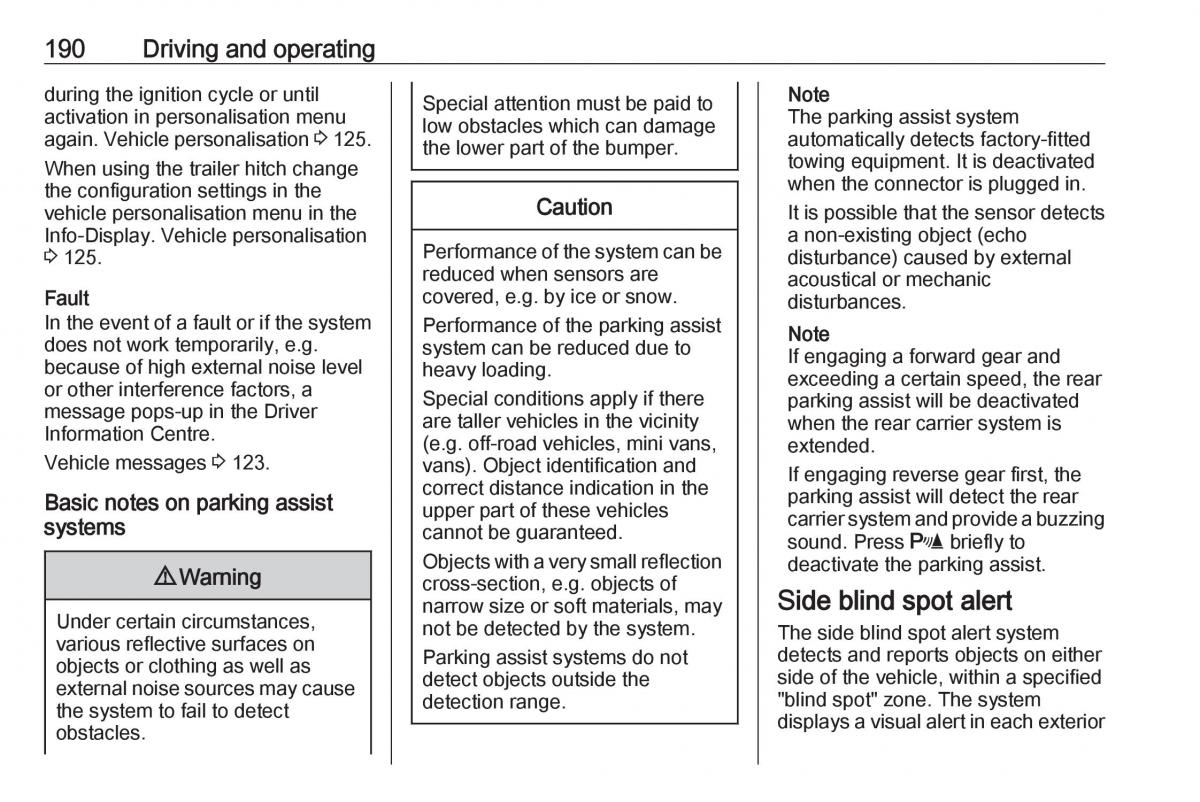 Opel Zafira C FL owners manual / page 192