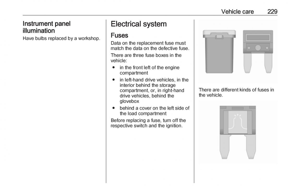 Opel Zafira C FL owners manual / page 231