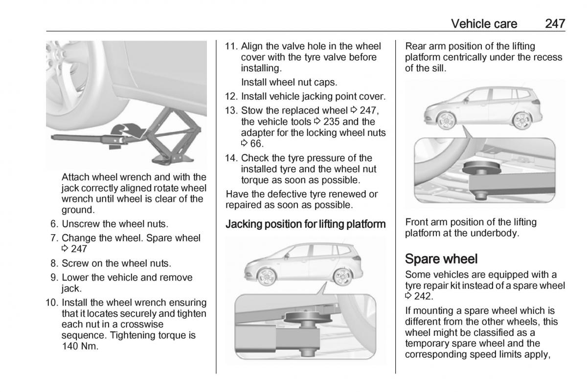 Opel Zafira C FL owners manual / page 249