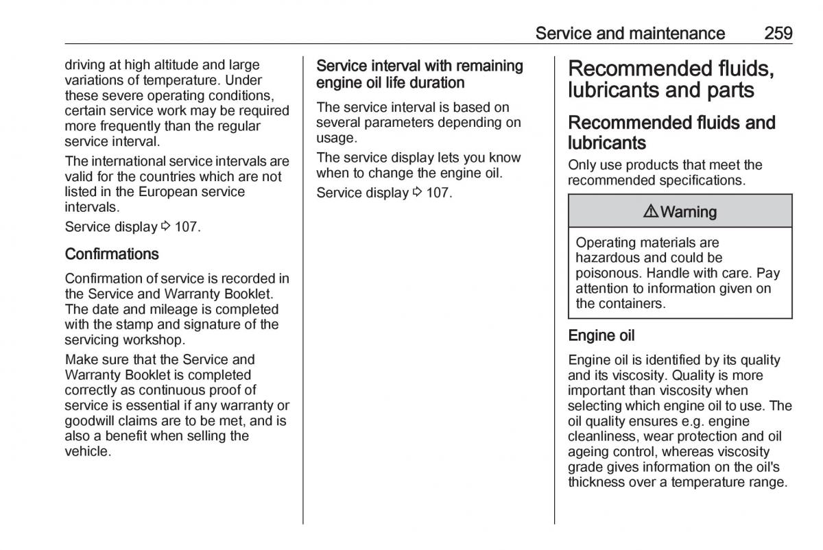 Opel Zafira C FL owners manual / page 261