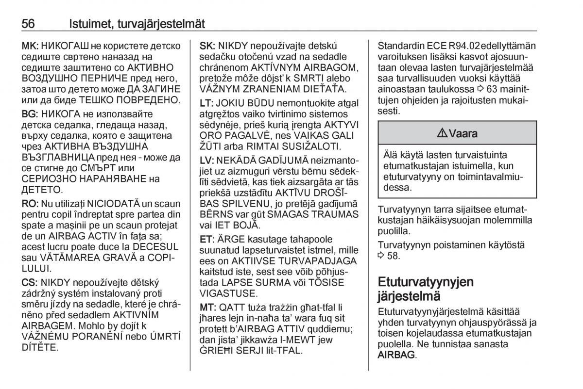 Opel Zafira C FL omistajan kasikirja / page 58