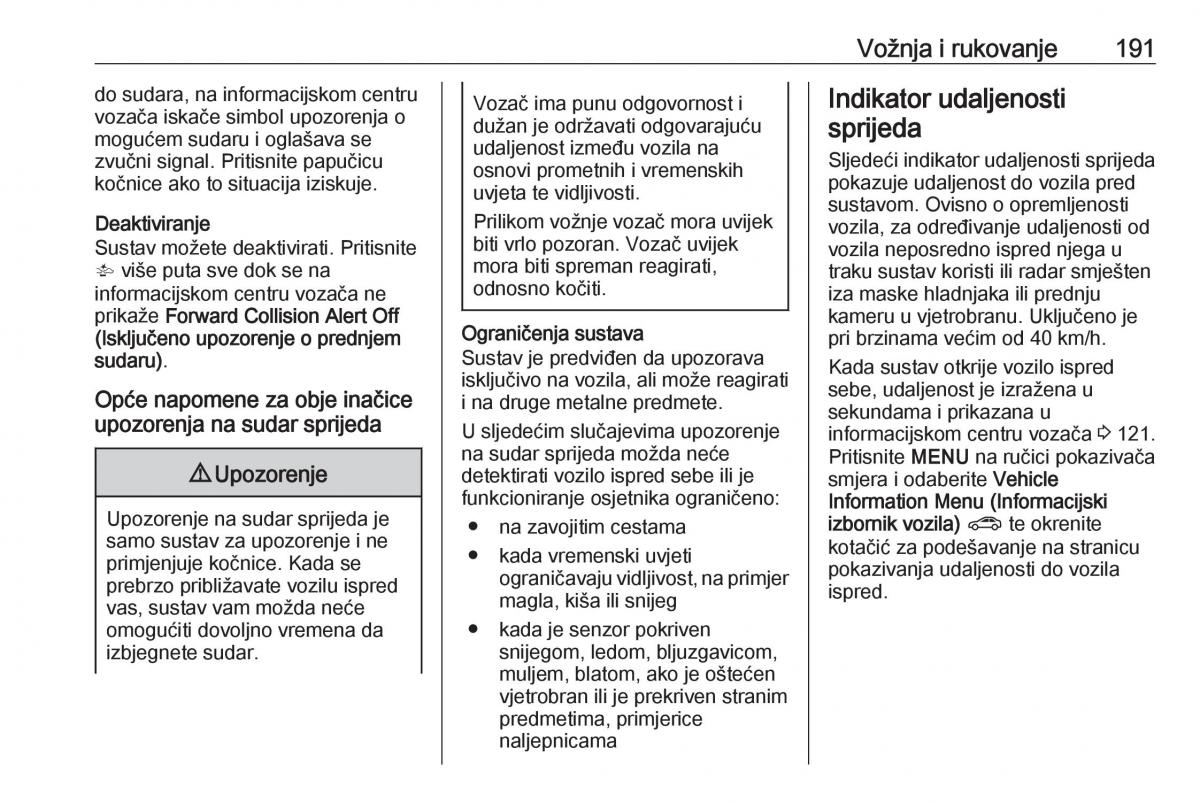 Opel Zafira C FL vlasnicko uputstvo / page 193