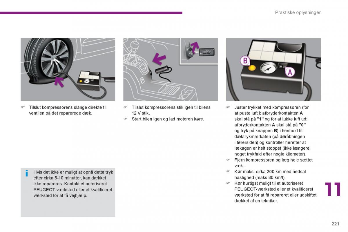 manual  Peugeot 5008 Bilens instruktionsbog / page 223