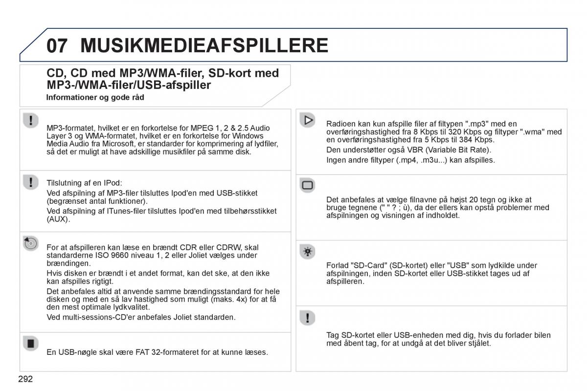 manual  Peugeot 5008 Bilens instruktionsbog / page 294