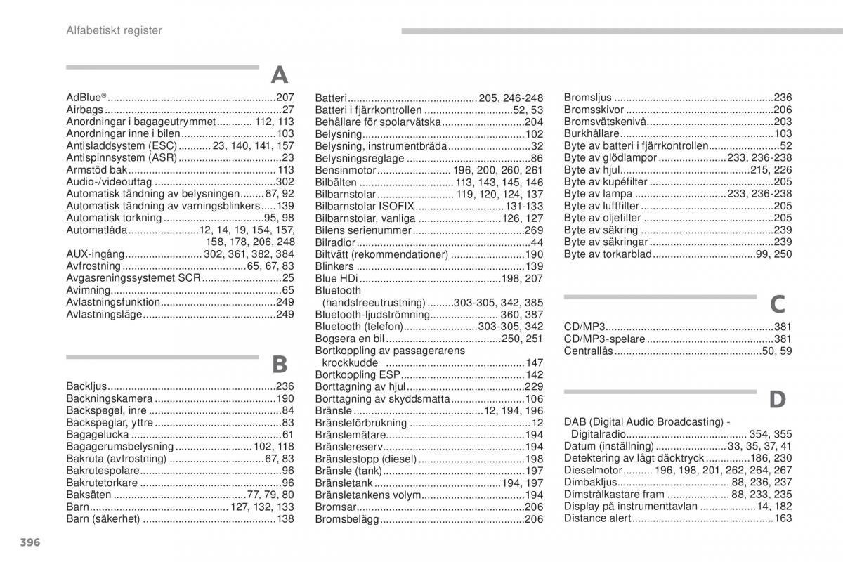 Peugeot 5008 instruktionsbok / page 398