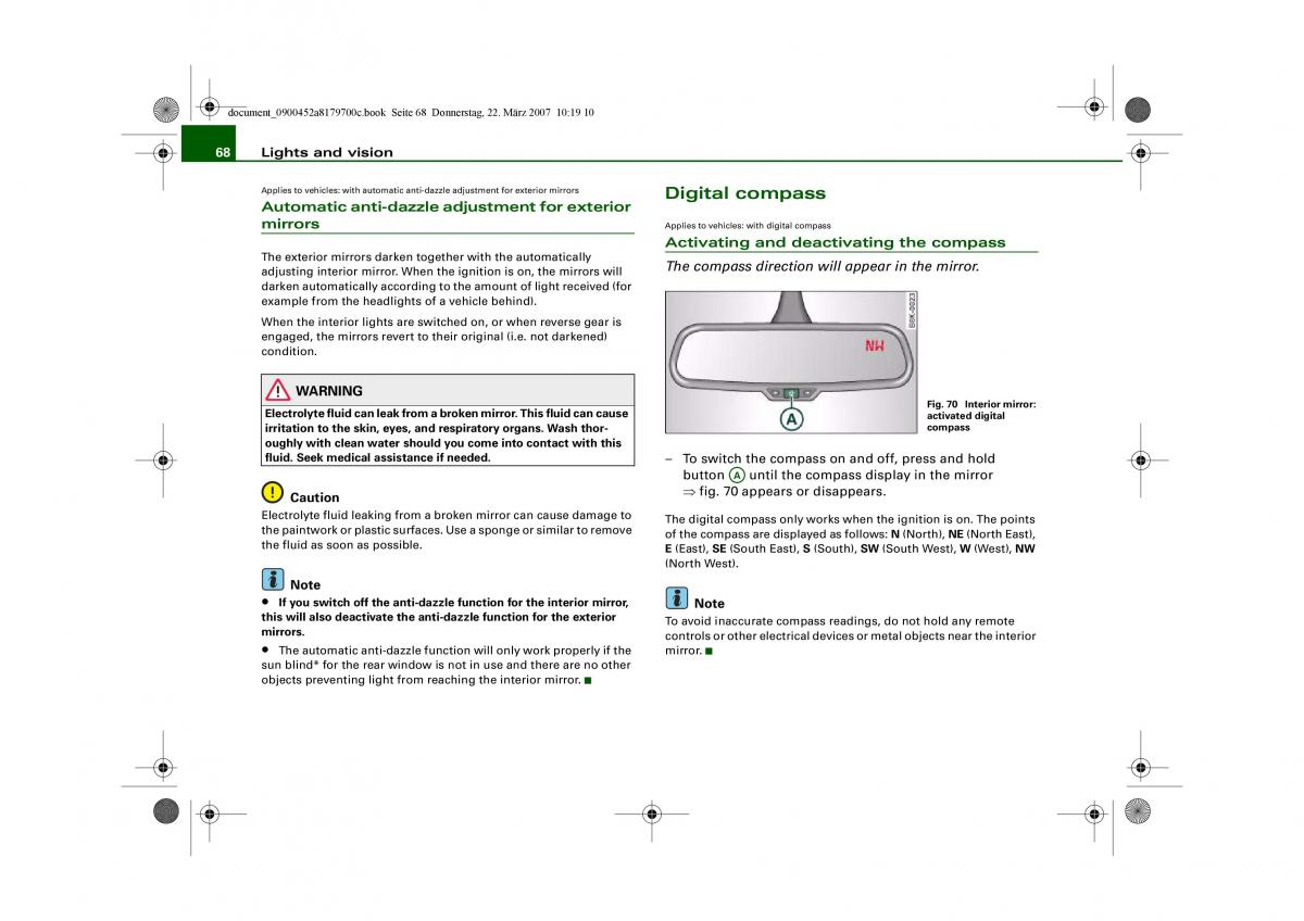 Audi A5 owners manual / page 70