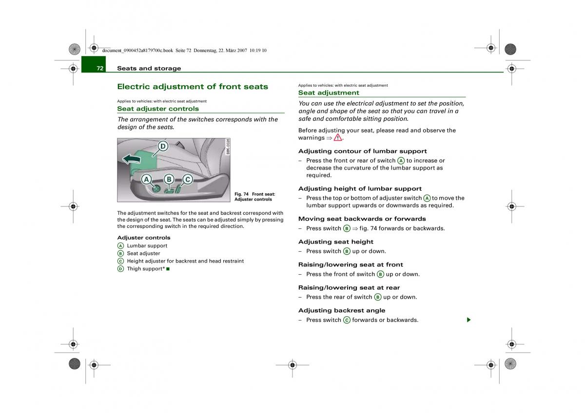 Audi A5 owners manual / page 74