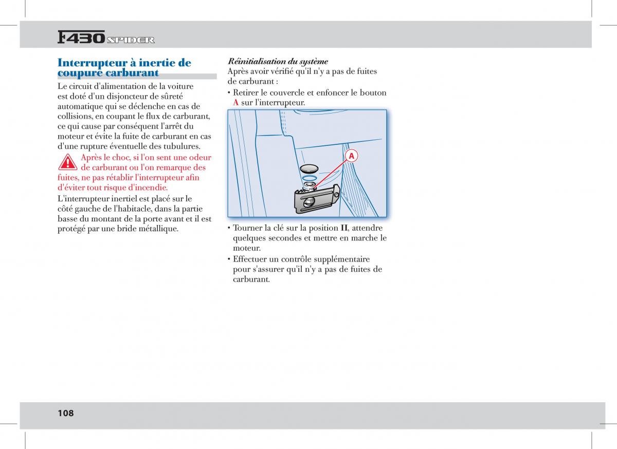 Ferrari 430 Spider manuel du proprietaire / page 108