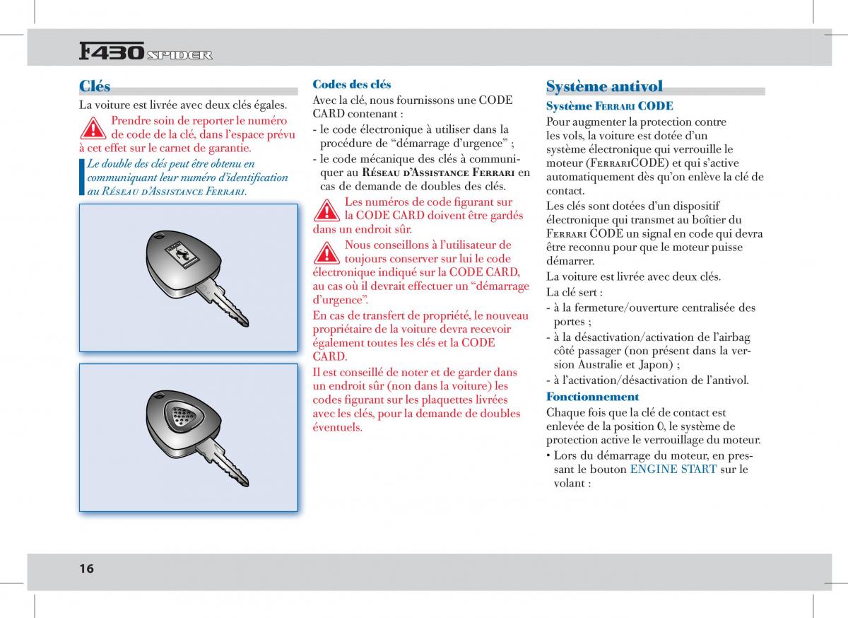 Ferrari 430 Spider manuel du proprietaire / page 16