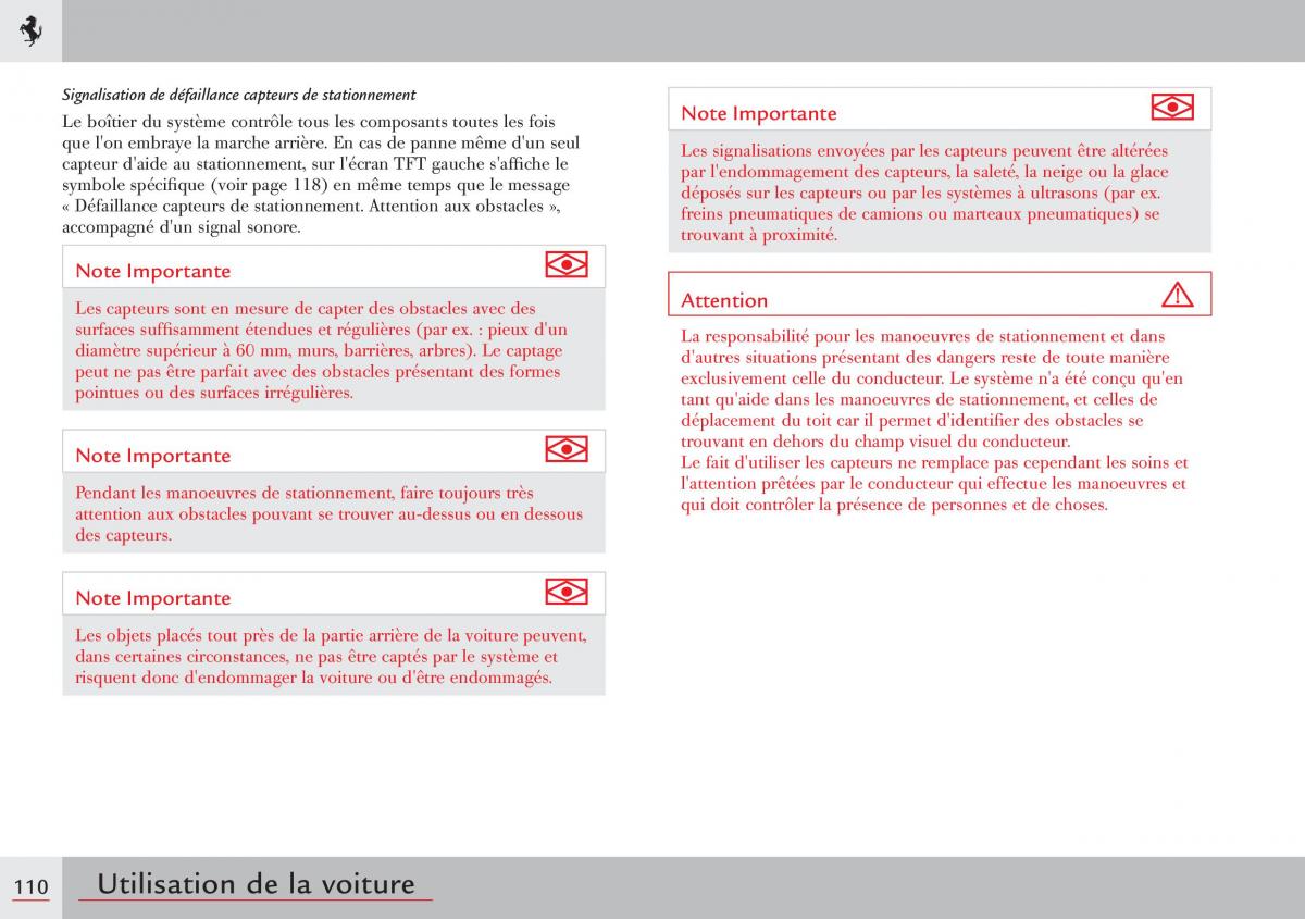 Ferrari 458 Italia manuel du proprietaire / page 110