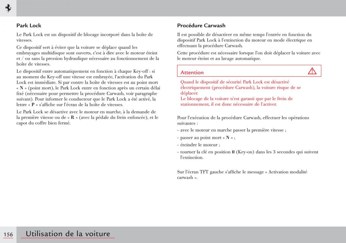 Ferrari 458 Italia manuel du proprietaire / page 156