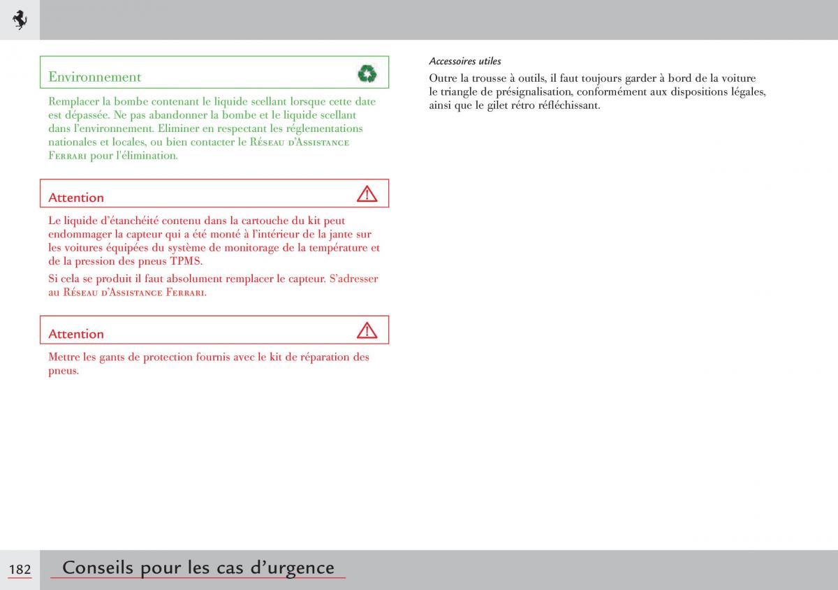 Ferrari 458 Italia manuel du proprietaire / page 182