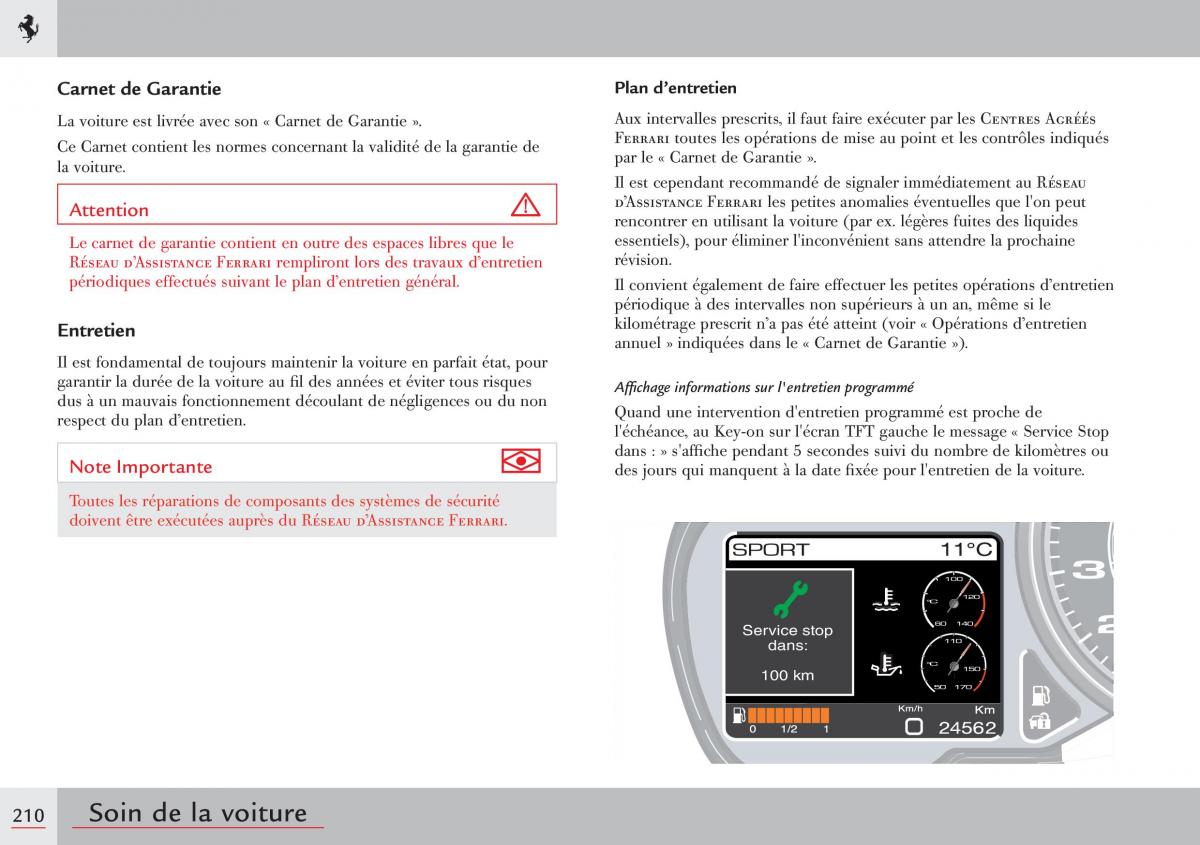 Ferrari 458 Italia manuel du proprietaire / page 210