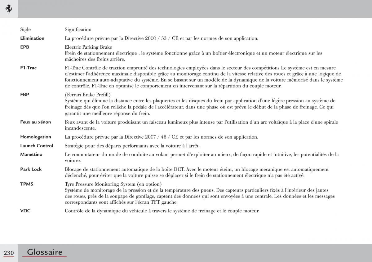 Ferrari 458 Italia manuel du proprietaire / page 230