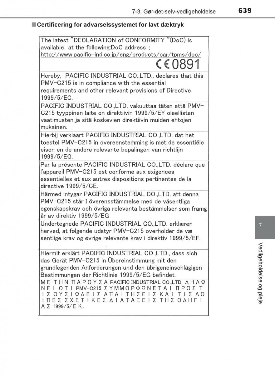 Toyota C HR Bilens instruktionsbog / page 639