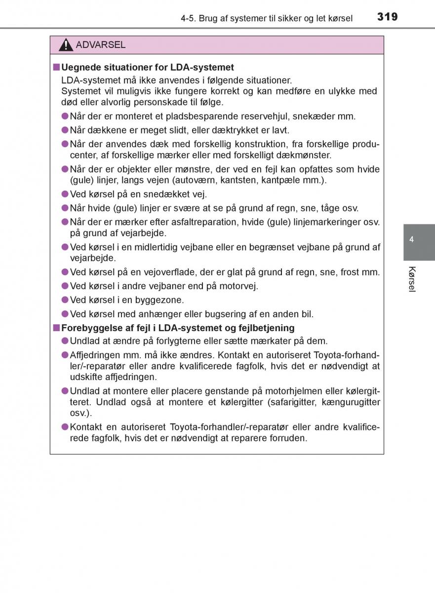 Toyota C HR Bilens instruktionsbog / page 319