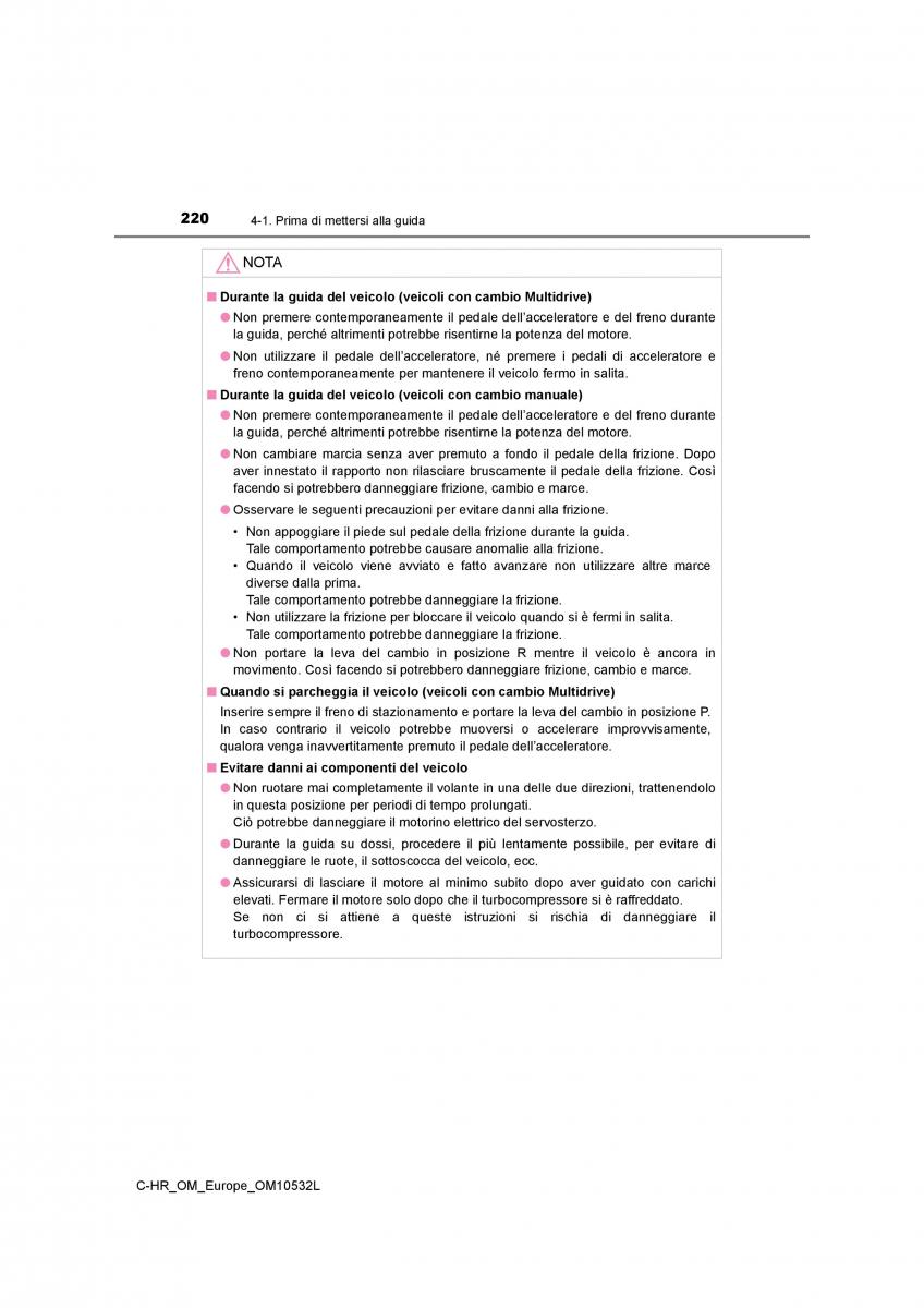 Toyota C HR manuale del proprietario / page 220