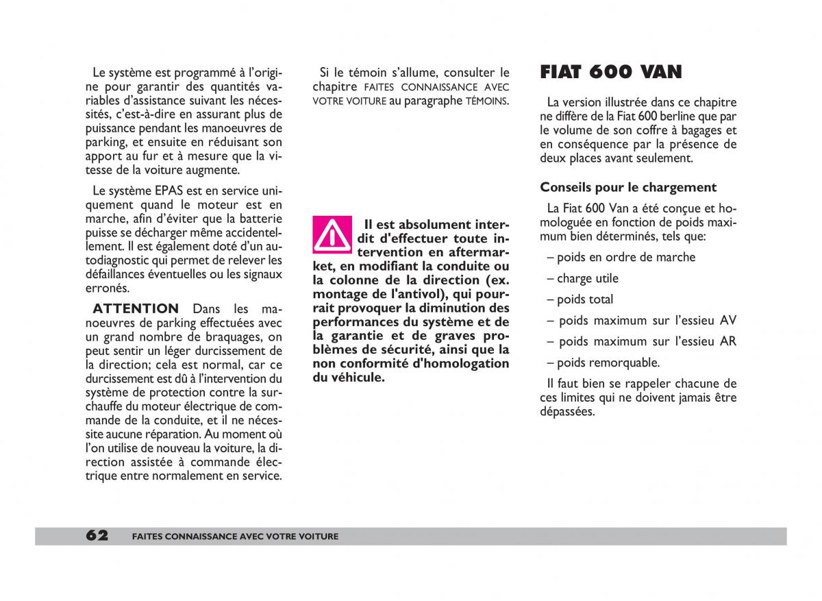 Fiat 600 Seicento manuel du proprietaire / page 63