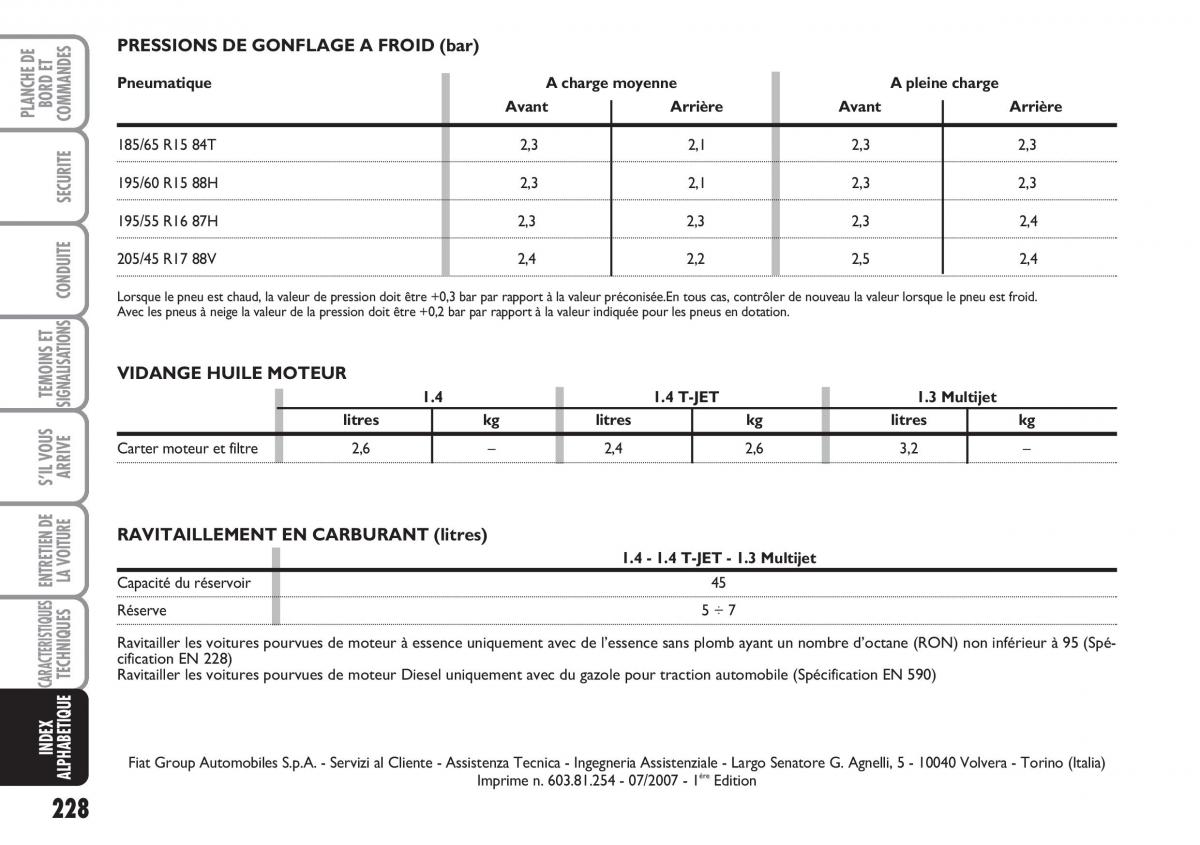 Fiat Linea manuel du proprietaire / page 229