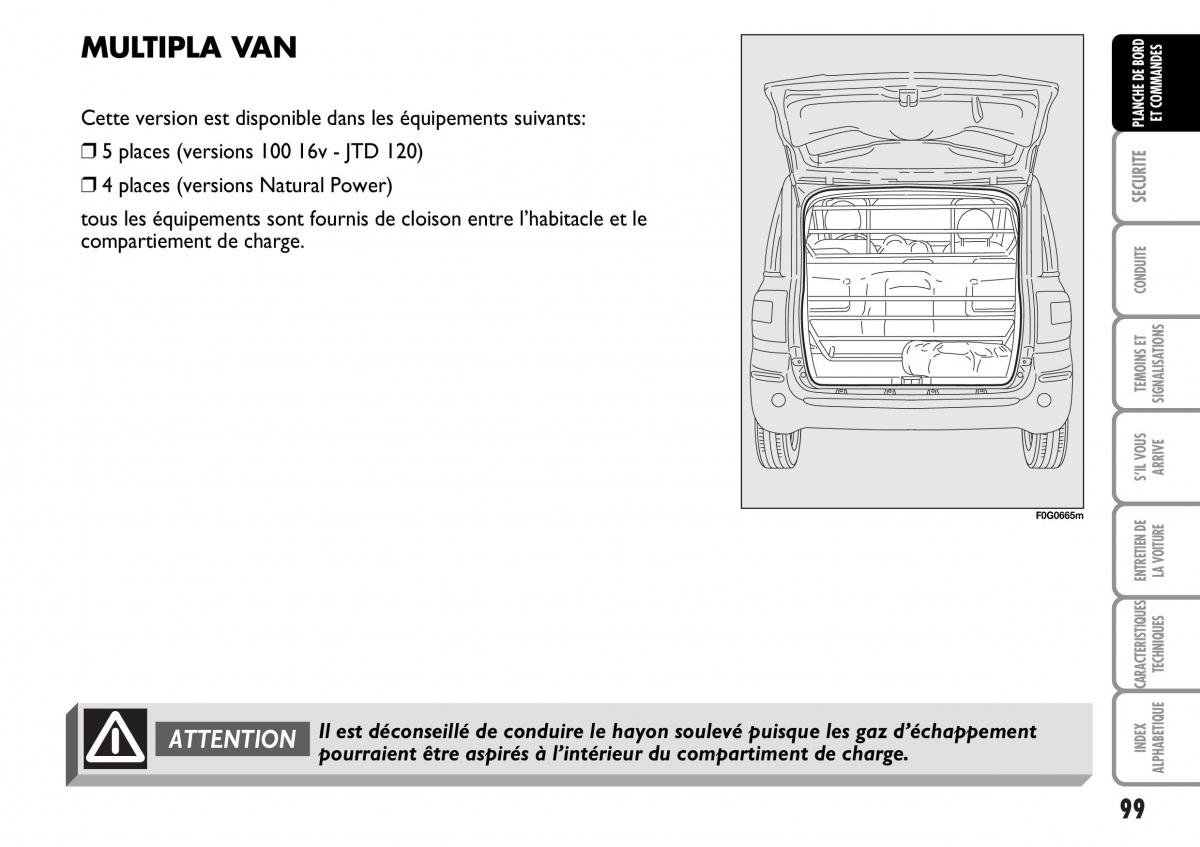 Fiat Multipla I 1 manuel du proprietaire / page 100