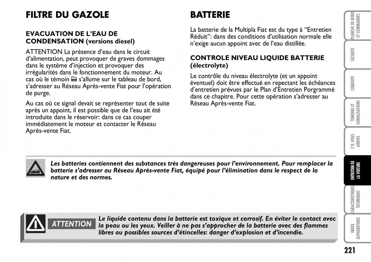 Fiat Multipla I 1 manuel du proprietaire / page 222