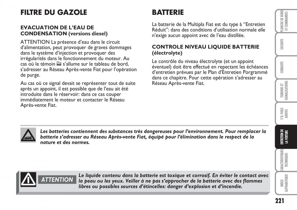 Fiat Multipla II 2 manuel du proprietaire / page 222