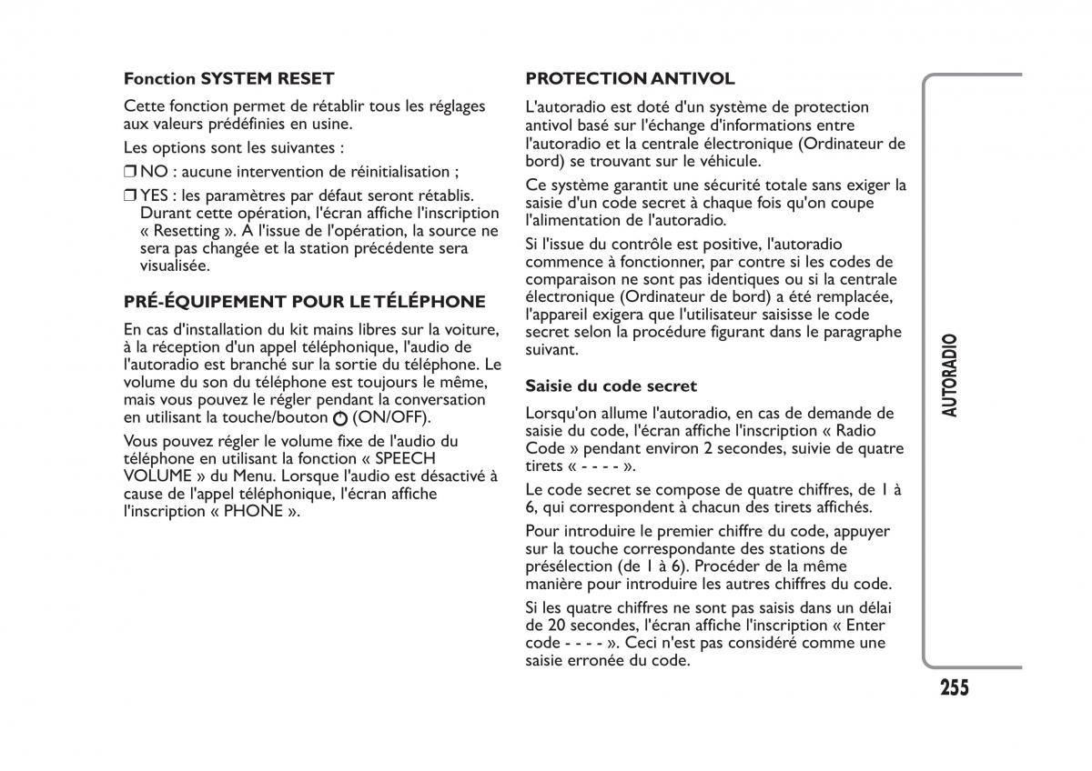 Fiat Panda II 2 manuel du proprietaire / page 259