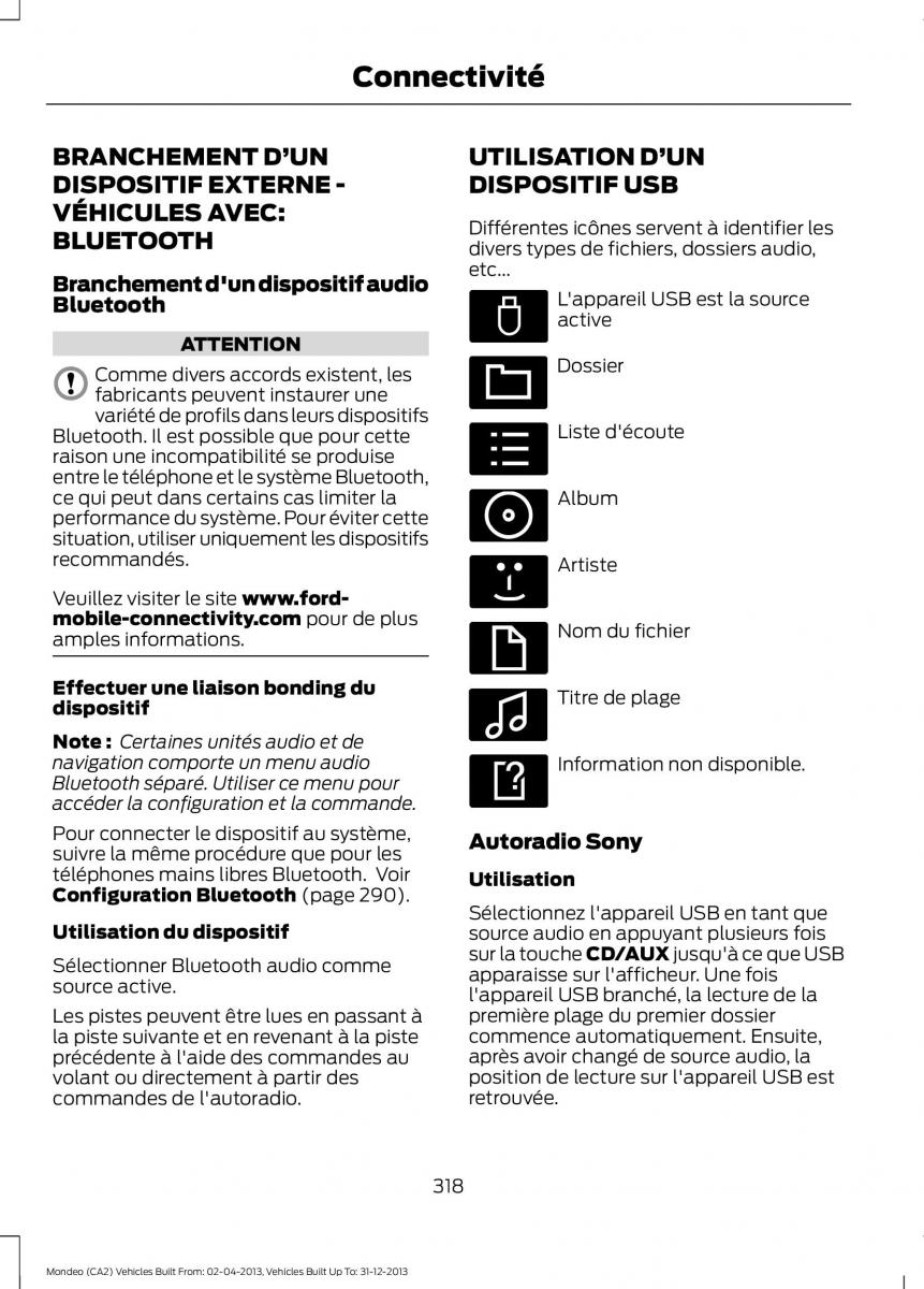 Ford Mondeo MKIV MK4 manuel du proprietaire / page 320