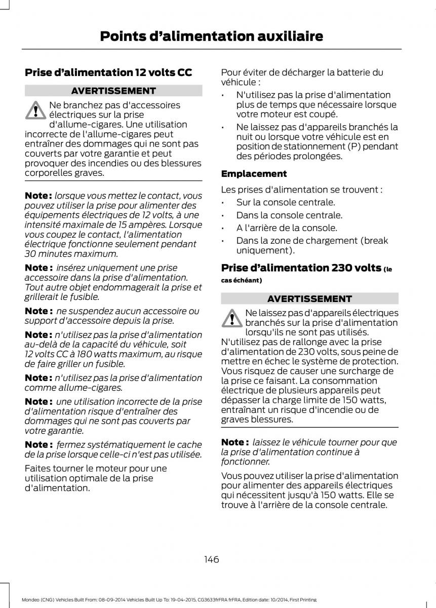 Ford Mondeo MKV MK5 manuel du proprietaire / page 148